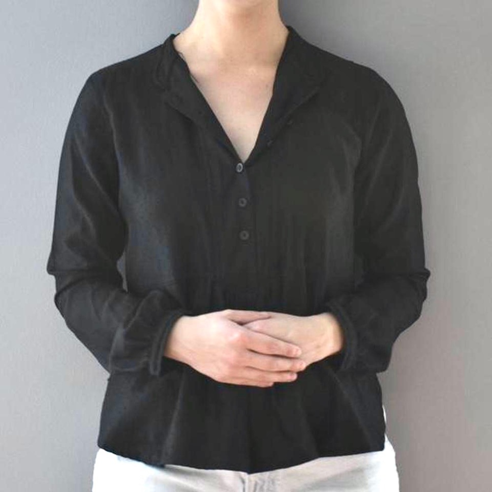 Oleg Cassini Black Shiny Polka-Dot Quarter Button Down Long Sleeve Blouse